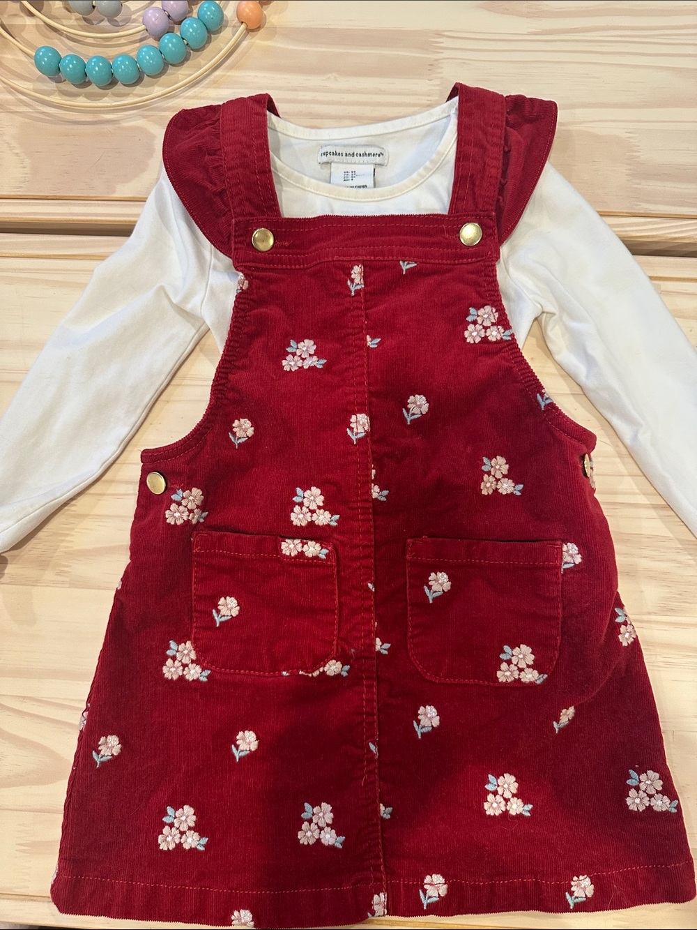 Cupcakes and Cashmere Red Floral Corduroy Pinafore Dress for Kids